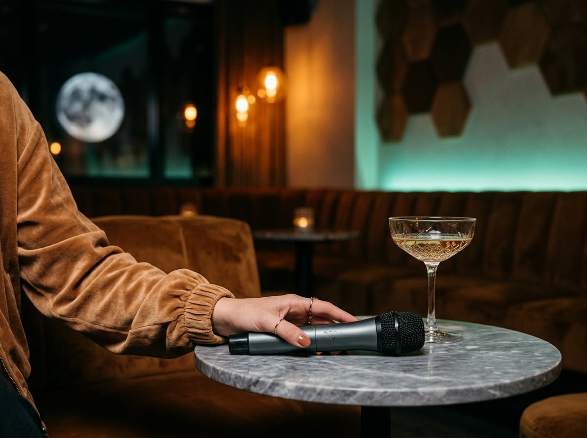 大理石边桌上的无线卡拉OK麦克风与香槟杯