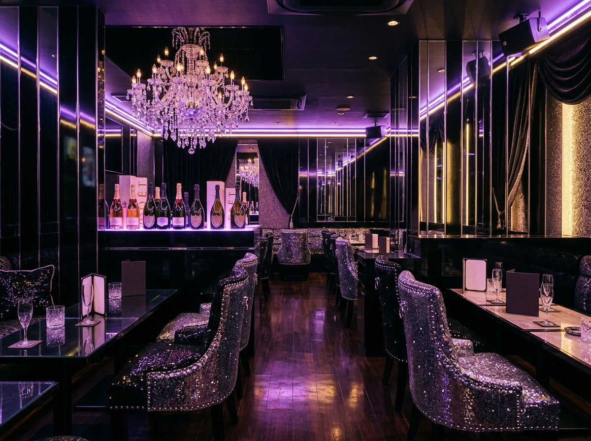 Traditional kyabakura interior — glittery sequined chairs, neon, mirrors