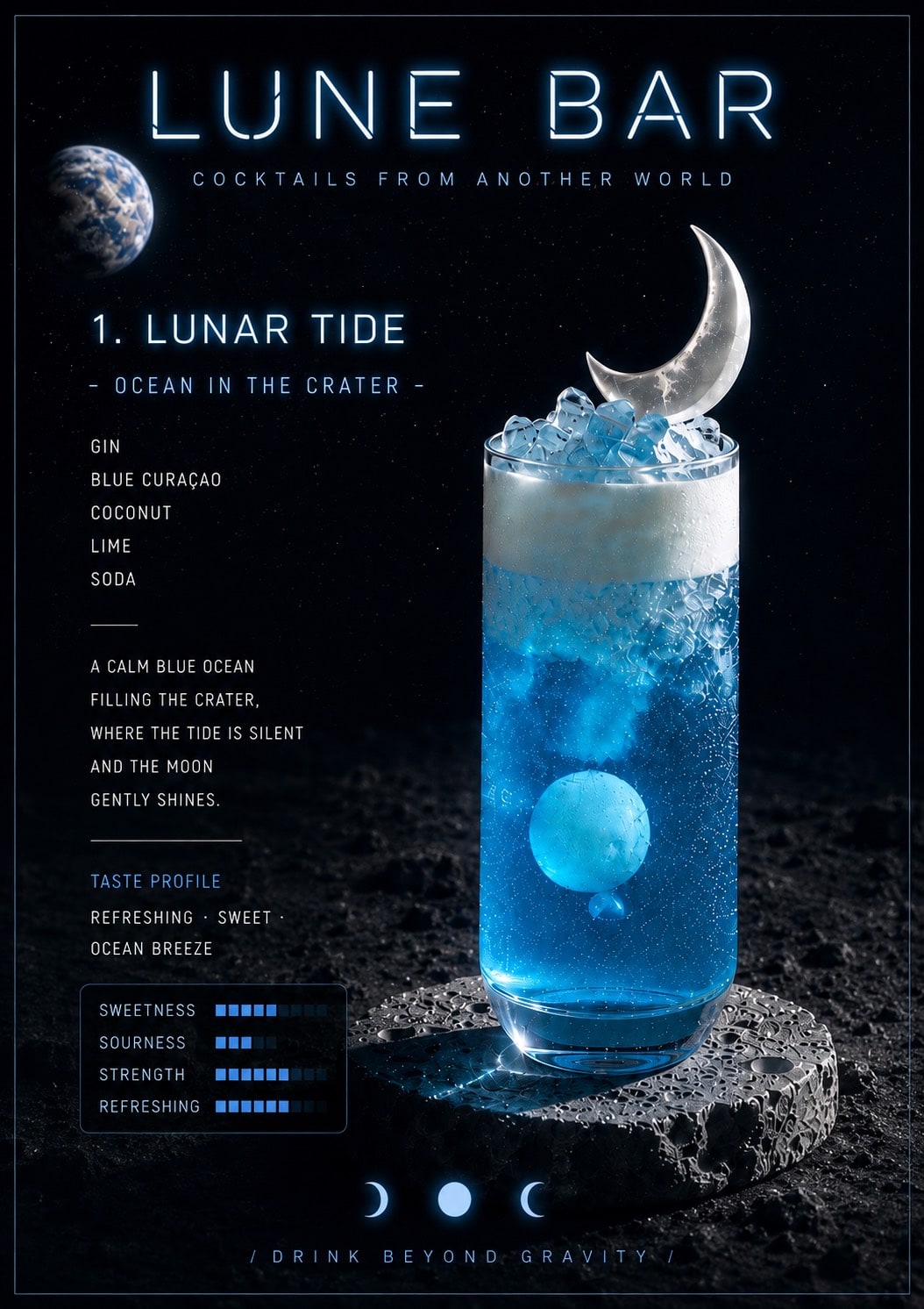 Lunar Tide 鸡尾酒——金酒与蓝橙香甜酒,碎冰与月亮装饰