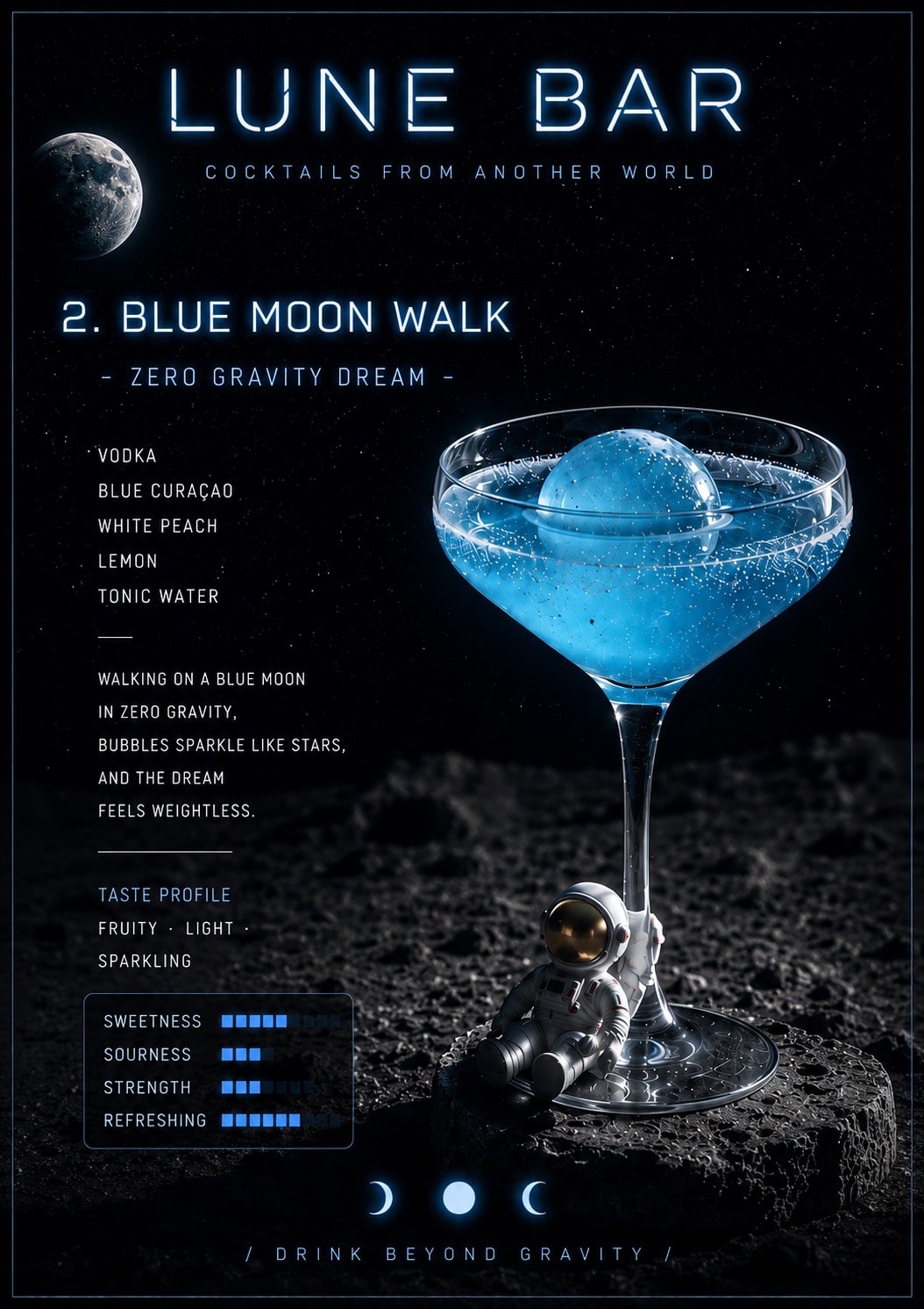 Blue Moon Walk 鸡尾酒——伏特加与蓝橙,以月球装饰于 Coupe 杯