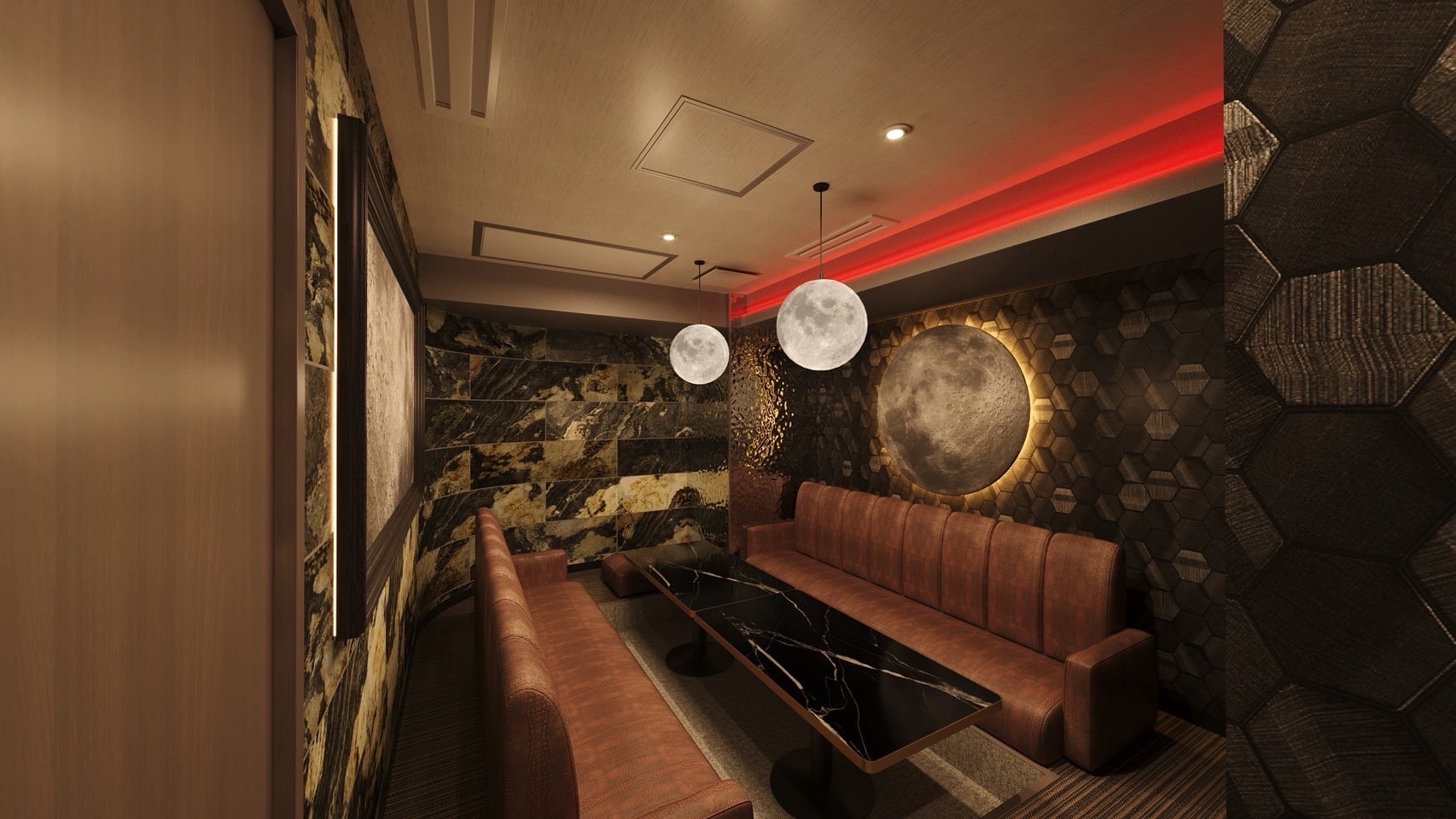 LUNE private suite — illuminated moon, hexagonal walls, ribbed caramel velvet booths